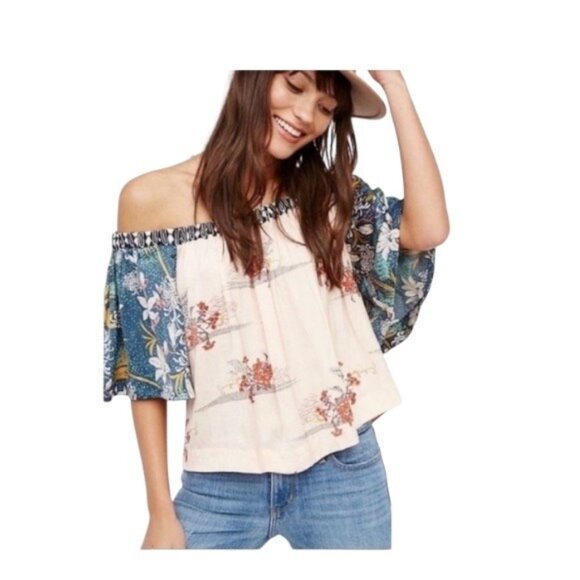 Free People Rocken Rochelle Off The Shoulder Floral Top Beige Size XS Boho Fall - Picture 1 of 14